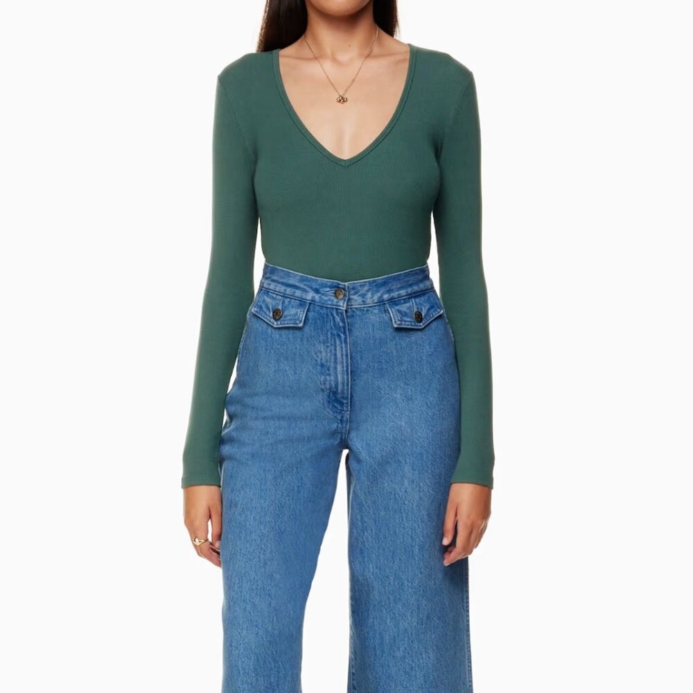 Wilfred Free V-Neck Long Sleeve Top Womens XS Teal Green Ribbed Tencel